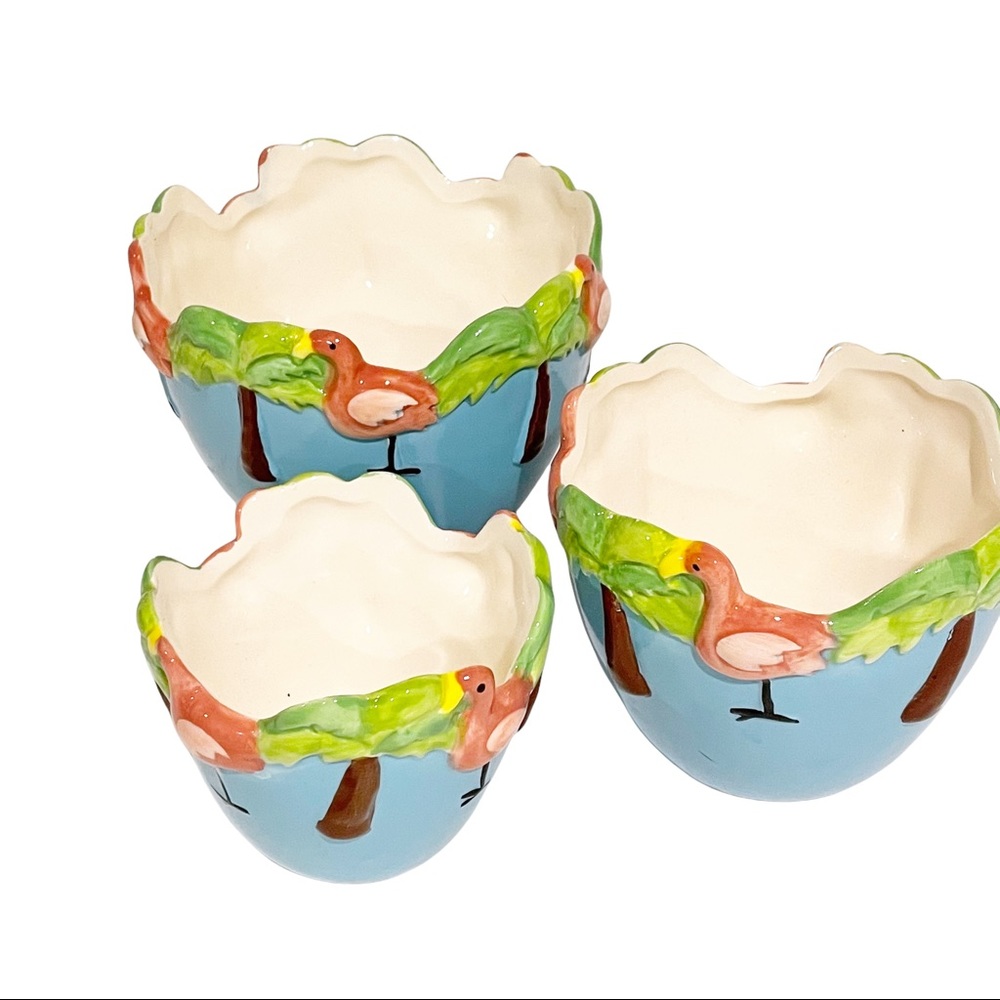 Island Traders Ceramic Flamingo 3 Three Piece‎ Bowl Set New